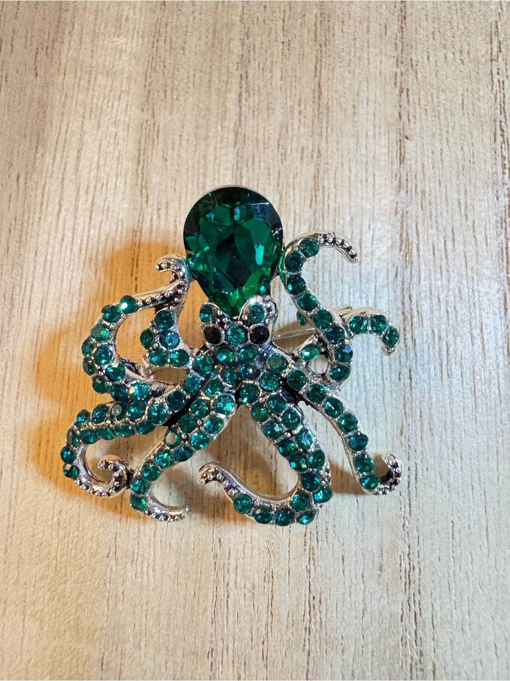 Emerald Octopus Rhinestone Brooch